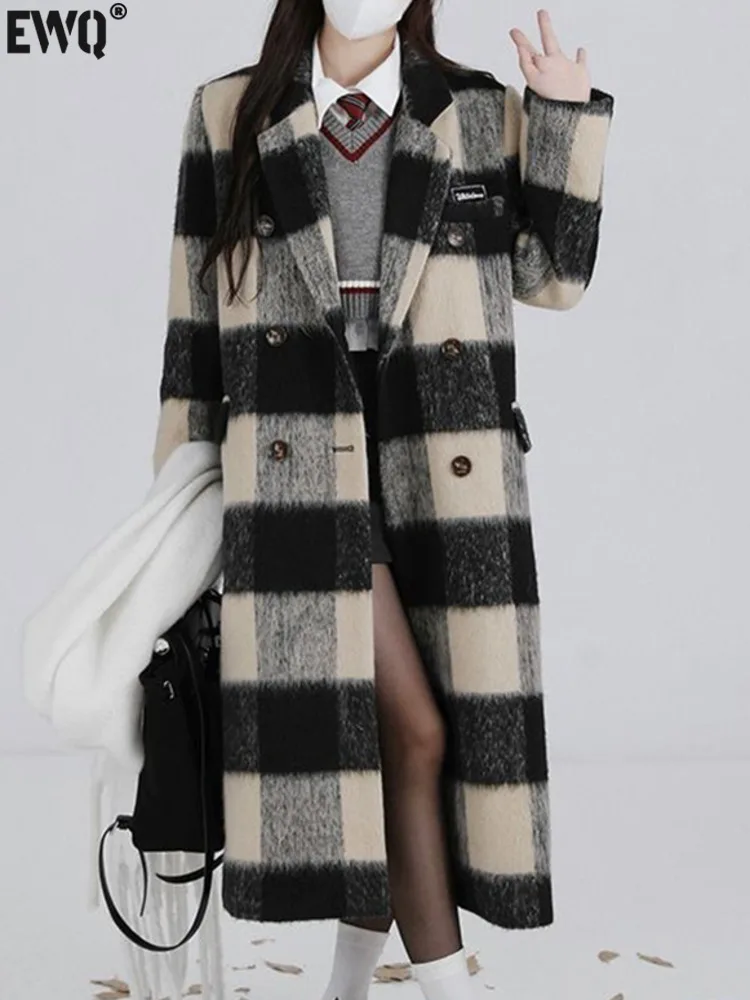 

[EWQ] Double Breasted Lapel Contrast Color Plaid Woolen Coat Womens Long Short Thickened Warm Outerwear Autumn Winter 2023 U6553