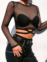 Sexy nouveau maille Goth à manches longues t-shirt femmes creux transparent résille hauts été chemise décontractée Streetwear vêtements pour femmes 3