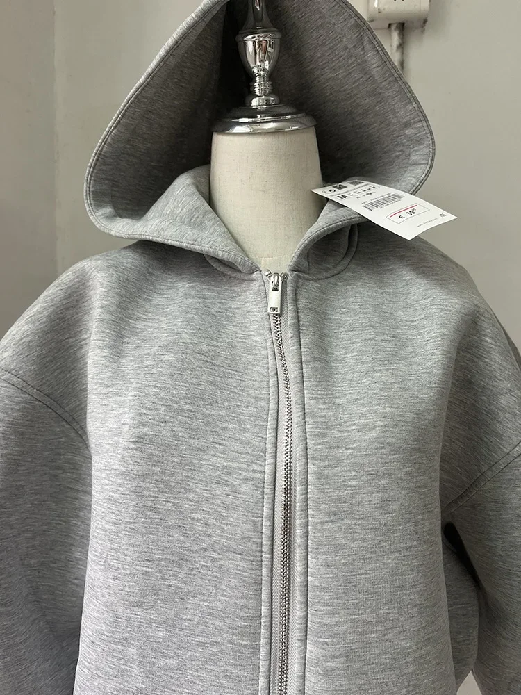 Autumn Winter Warm Long Jacket With Hood Long Sleeve Zipper Gray Bomber Jacket Y2k Women Casual Outerwear Coat Tops Streetwear