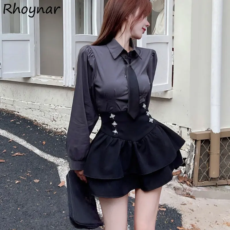 

Женские комплекты в стиле преппи, мини-юбка А-силуэта с завышенной талией, укороченные рубашки с длинным рукавом, из двух предметов, Женская облегающая юбка в европейском стиле, красивая эстетика