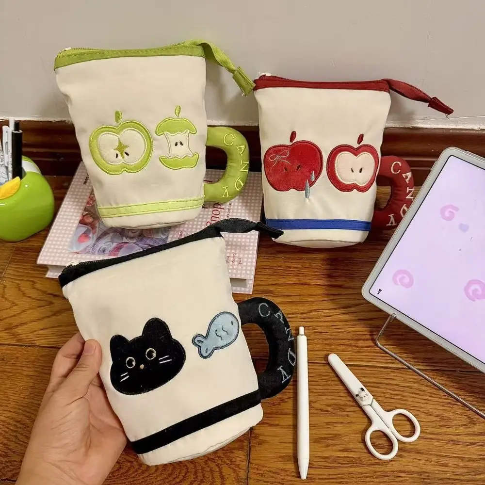 Cute Cylindrical Cup Pen Bag Foldable Multifunctional Pencil Case Large Capacity Stationery Organizer Gift