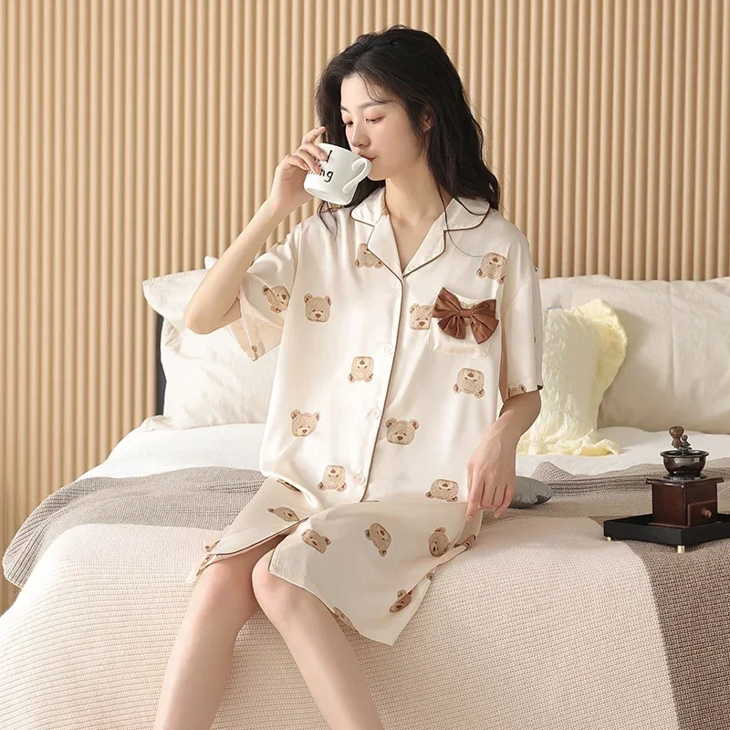 Summer Couple Short Sleeve Silk Satin Pajama Sets for Men Korean Cute Cartoon Sleepwear Women Night Dress Homewear Clothes