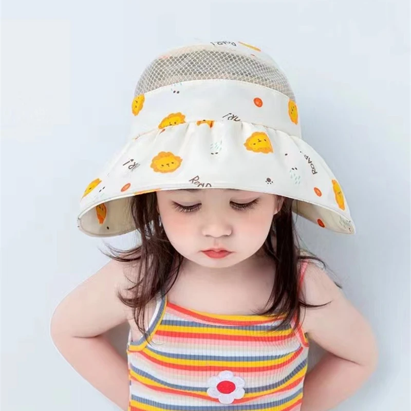 2023 New Floral Print Sun Hat For Kids Adjustable Wide Brim Girl Empty Hat Summer Beach Hiking Caps Thin Visor Caps for Girls