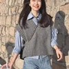 رمادي سترة دون أكمام محبوك سترة المرأة الخريف والشتاء الكورية الحلو نمط ملابس خارجية سترة الخامس الرقبة سترة محبوكة عادية