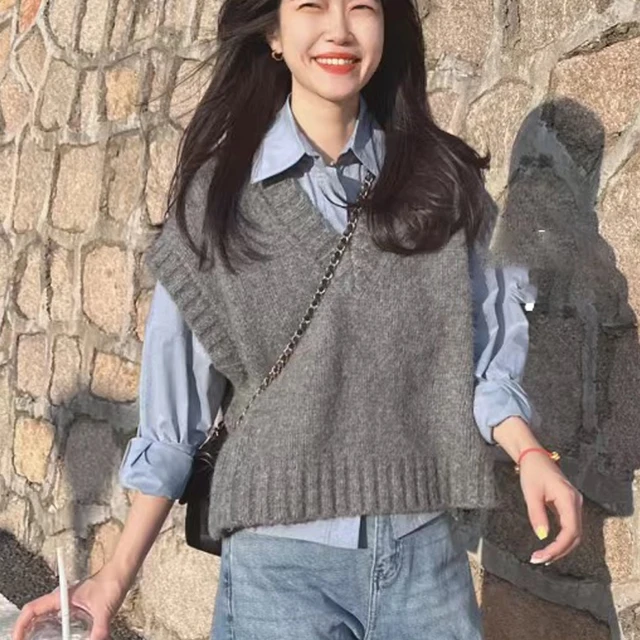 رمادي سترة دون أكمام محبوك سترة المرأة الخريف والشتاء الكورية الحلو نمط ملابس خارجية سترة الخامس الرقبة سترة محبوكة عادية