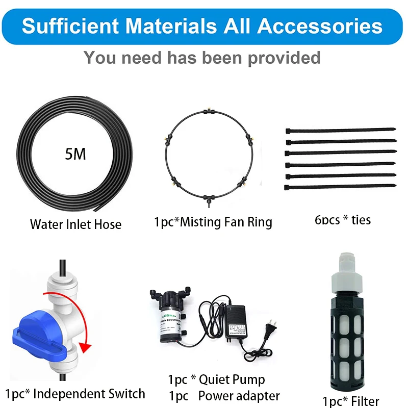 Portable-Misting-Kit-For-Fan-with-5pcs-Brass-Sprinkler-Nozzles-with-Mini-Quiet-24V-Pump-for.jpg Hordozható Ködös Készlet Ventilátorokhoz 5Db Sárgaréz Sprinkler Fúvókák Mini Csendes 24 V -Os Szivattyúval - Image 3