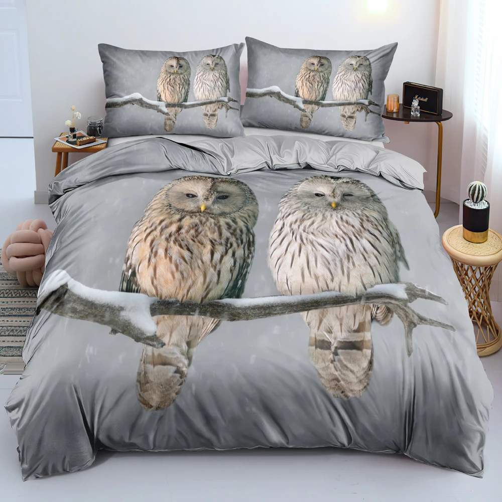 Animal Owl Duvet Cover Set Queen/King Size Cute Taupe Owl Bedding