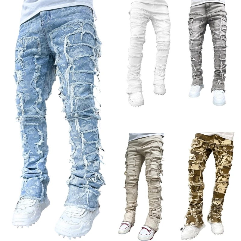 E15E Mens Stacked Jeans Fit Ripped Jeans Destroyed Straight Denims Pants Vintage Hip Hop Trouser Streetwear
