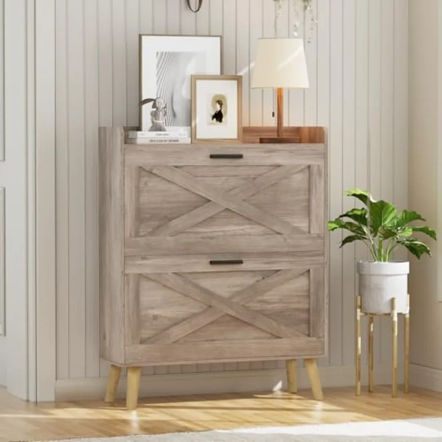 32 W Modern Farmhouse Shoe Storage Cabinet with 2 Flip Drawers and Barn Door Design Adjustable Shelves Slim Narrow Hidden Shoe