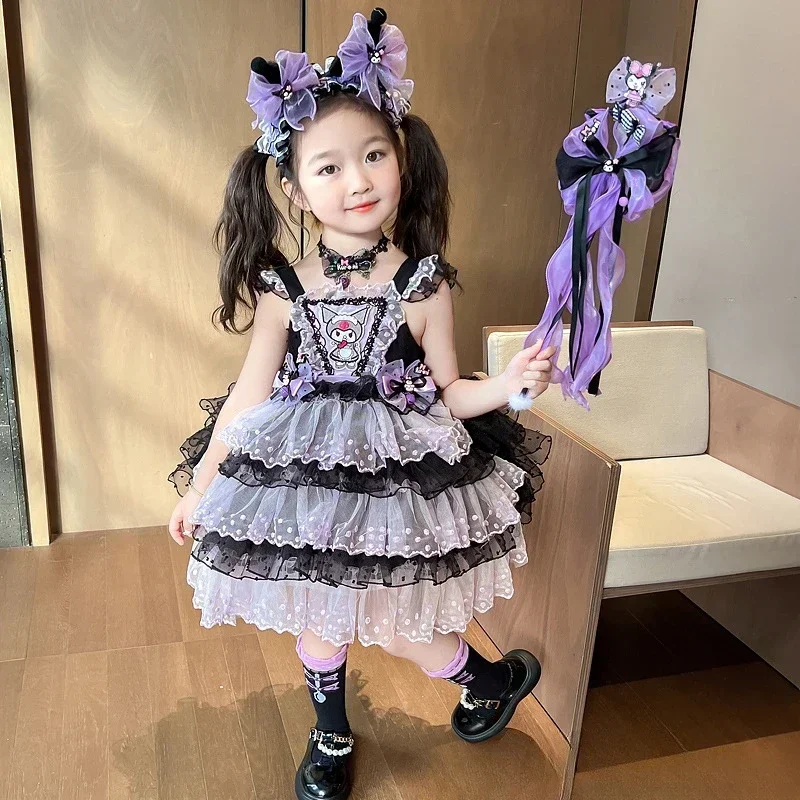 Halloween Sanrio Kuromi Children Dress Cartoon Lolita Princess Dresses Suit Summer Party Sweet Girl Birthday Gifts