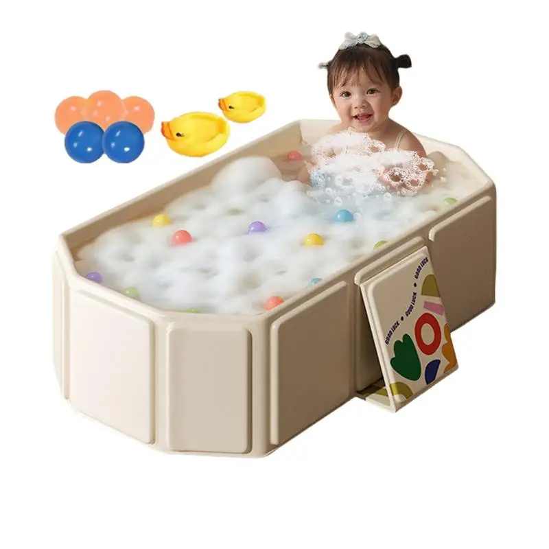 Foldable Bathtub for Kids Toddler Bath Tub with Drain Plug Foldable Baby Shower Tub with 5 Balls and 2 Ducks Green White