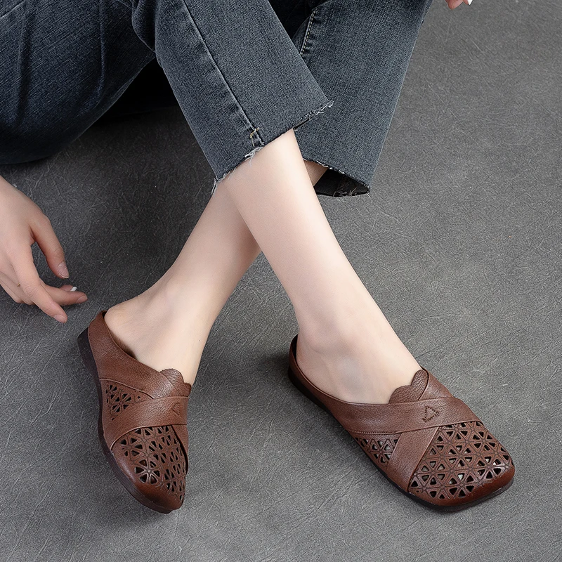 

Retro Women Shoes Summer New Flat Slippers Genuine Leather Sandals Fashion Zapatillas Casa Mujer Sapatos Femininos