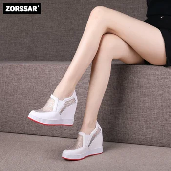 Woman Fashion Platform Wedge Sneakers For Women 12cm Height Increasing Ladies Walking Slip On Casual Vulcanized Shoes For Women
