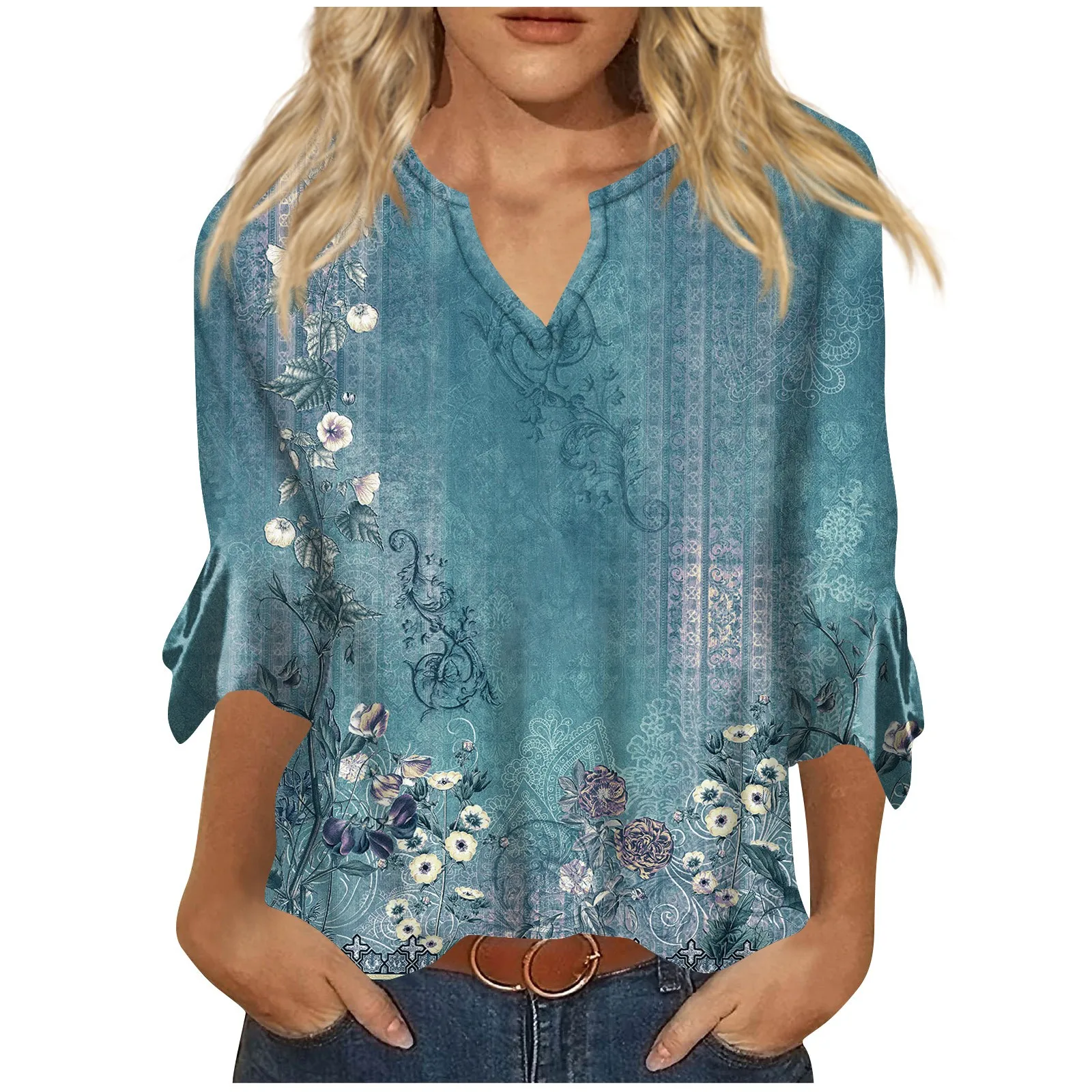 

Women'S T-Shirt Loose Casual V-Neck Floral Printed Blouse Bell 3/4 Sleeve T-Shirt 2024 Spring Summer Top Vintage Clothing Female