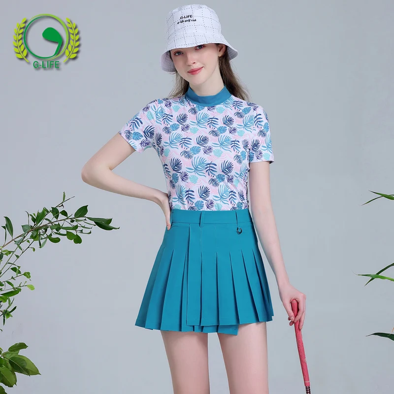 Summer Slim Pleated Golf Short Skirt Printing Sport Culottes Women Breathable Stand Collar Shirt Quick Dry Casual T-shirt Sets
