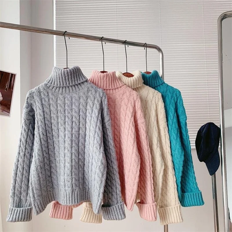 

Turtleneck Sweater Women Twist Knitted Sweater Vintage Jumpers Solid Color Classic Pullover Soft Thick Winter Sweater Women