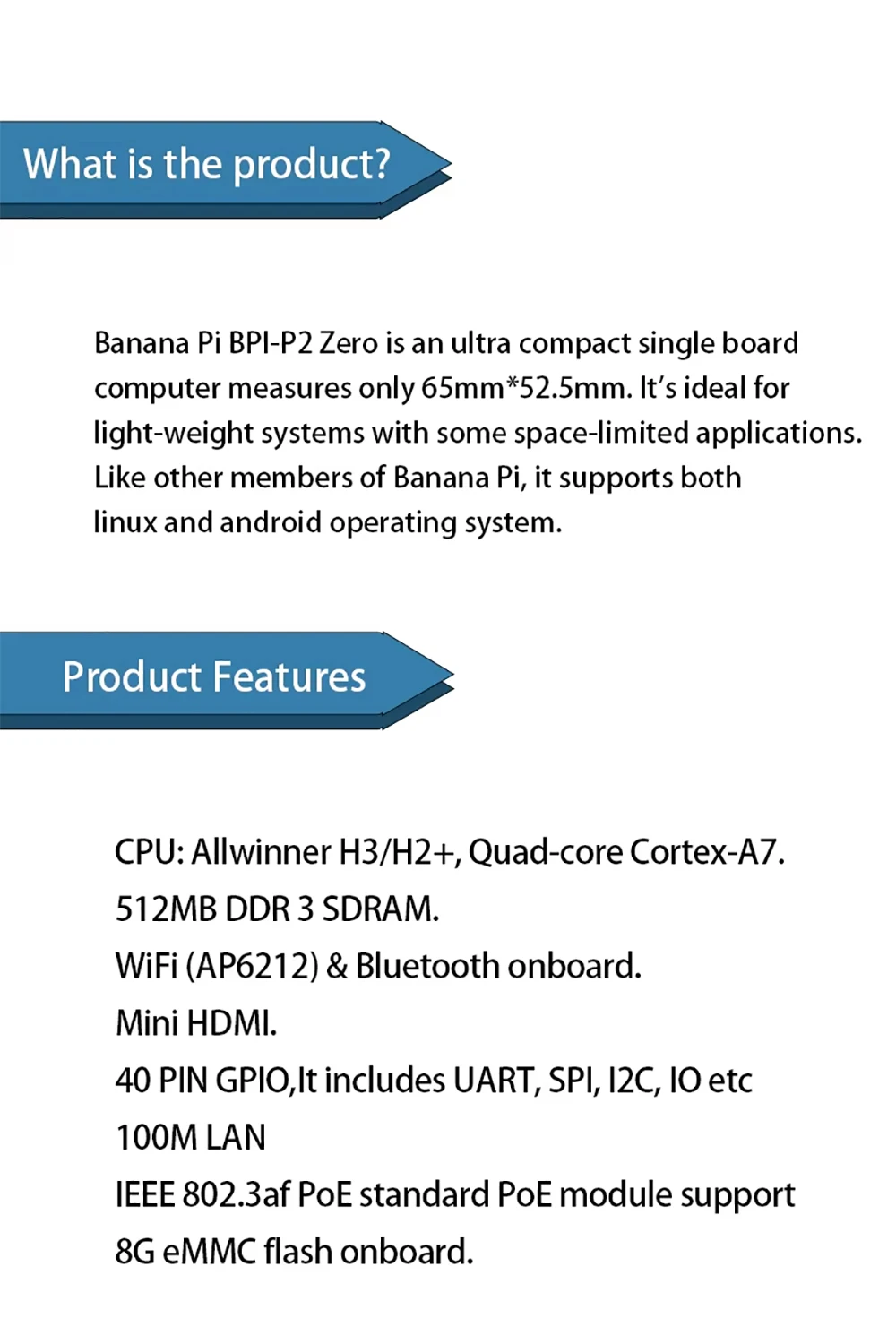 Banana Pi BPI-P2 Zero SBC Allwinner H3 8G eMMC Integrated Circuits Open Platform