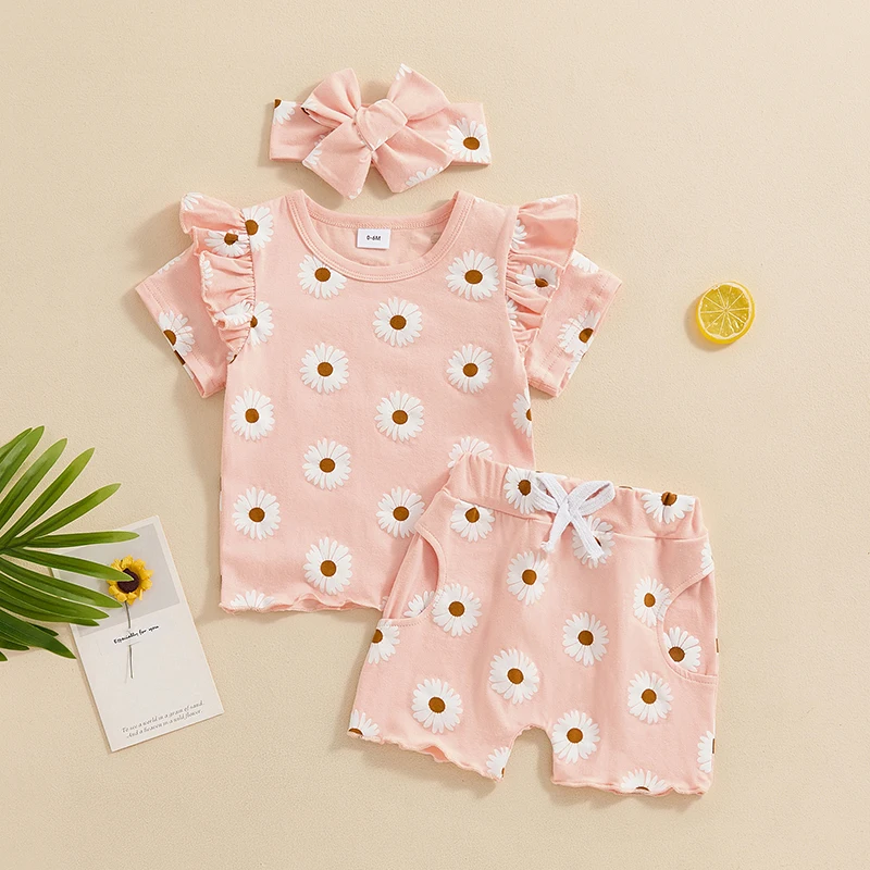 Tenues d'été lioraitiin pour bébés filles, t-shirt à manches courtes imprimé floral et short, ensemble bandeau de sauna mignon, vêtements 3 pièces, 2024-03-25