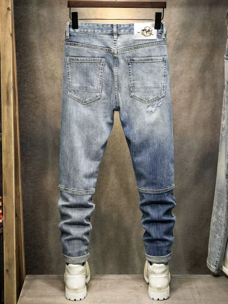 Fashion Streetwear Men Jeans Retro Blue Spliced Designer Elastic Slim Fit Ripped Jeans Men Patched Hip Hop Denim Pants Hombre