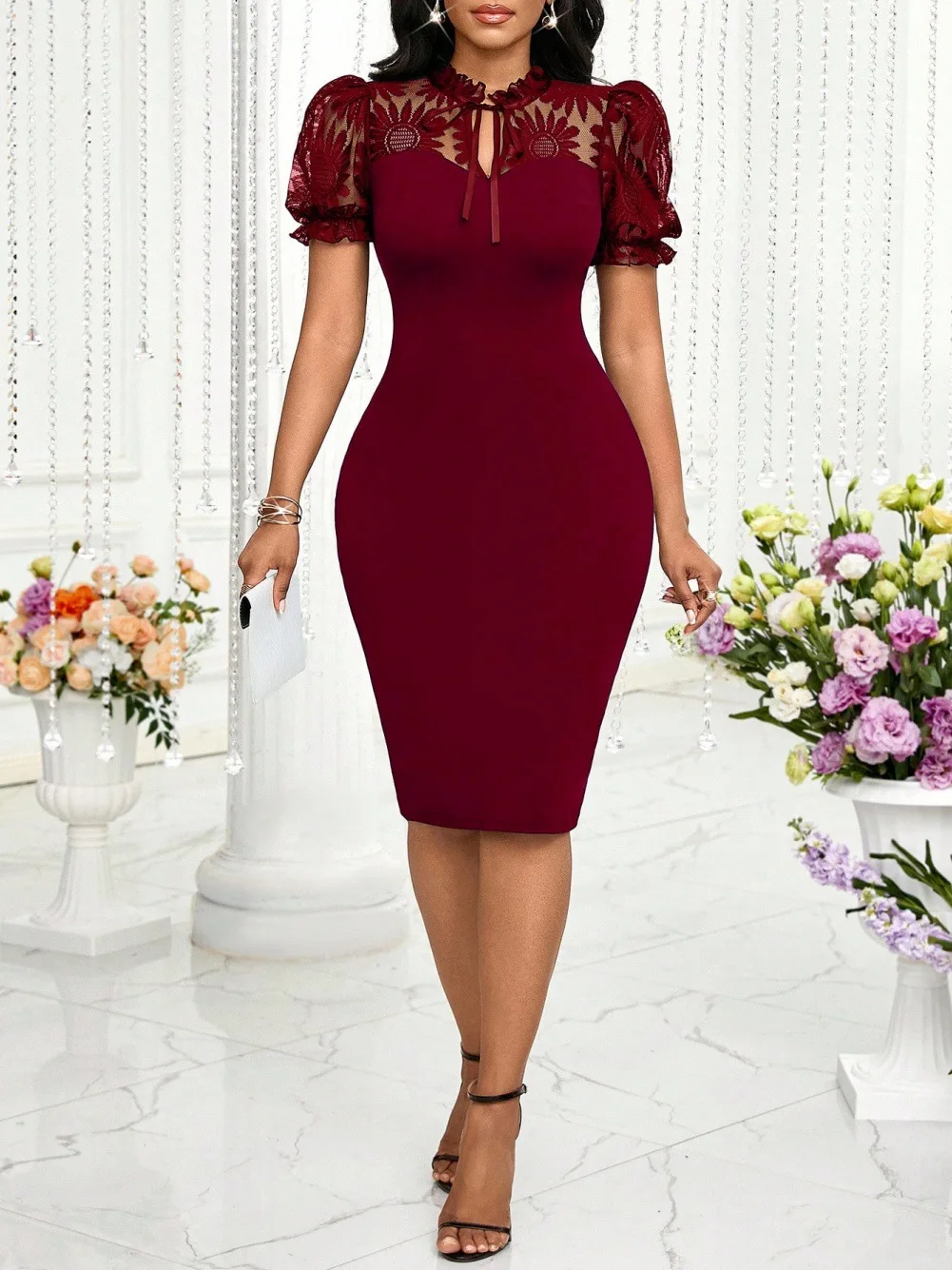 Elegant Pure Color Lace Slimming A- Line Dress Fashionable Women's Clothing Cross-Border 2025 New Style Casual High Waist Shor..