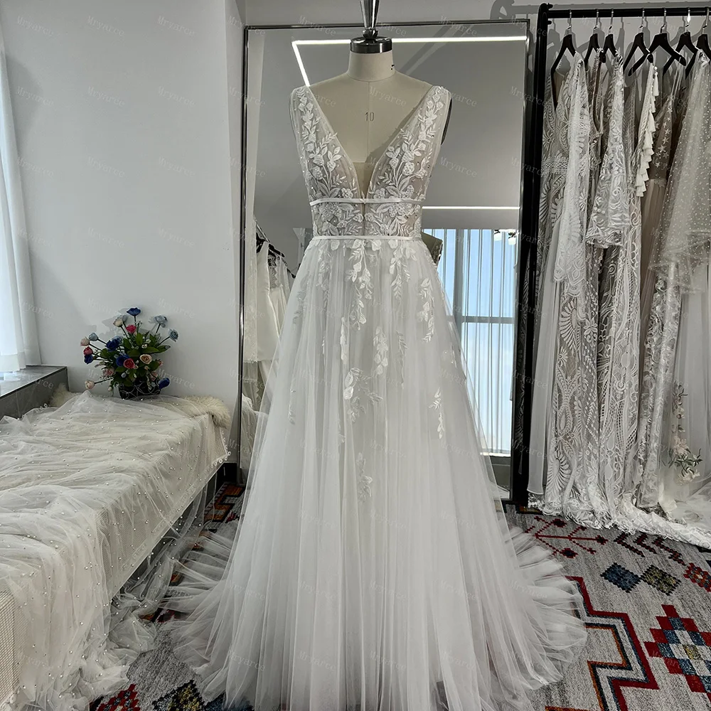 Mryarce Sexy Plunging Neck Sleeveless Embroidery Lace Beaded Wedding Dresses Tulle A Line Bridal Gowns 5