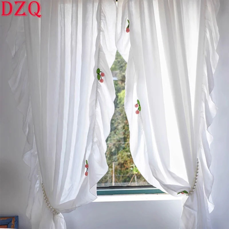 

Idyllic American Rural Cherry Tulle Curtains for Living Room Chiffon Warp Ruffled Curtains for Kitchen Lace Roman Curtains #A402