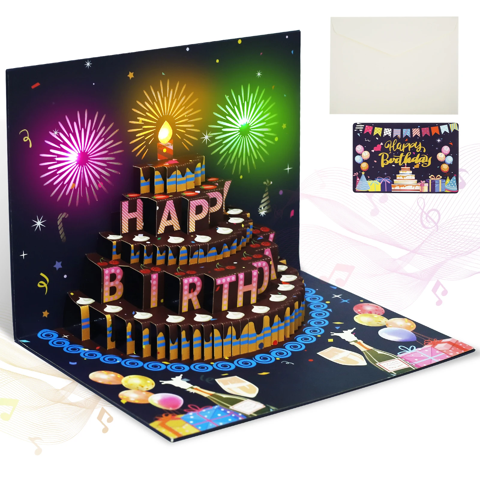 3D Light Music Birthday Card Pop Up Cake Creative Greeting Card Firework Cards Happy Birthday Party Girl Wife Gift Message Cards