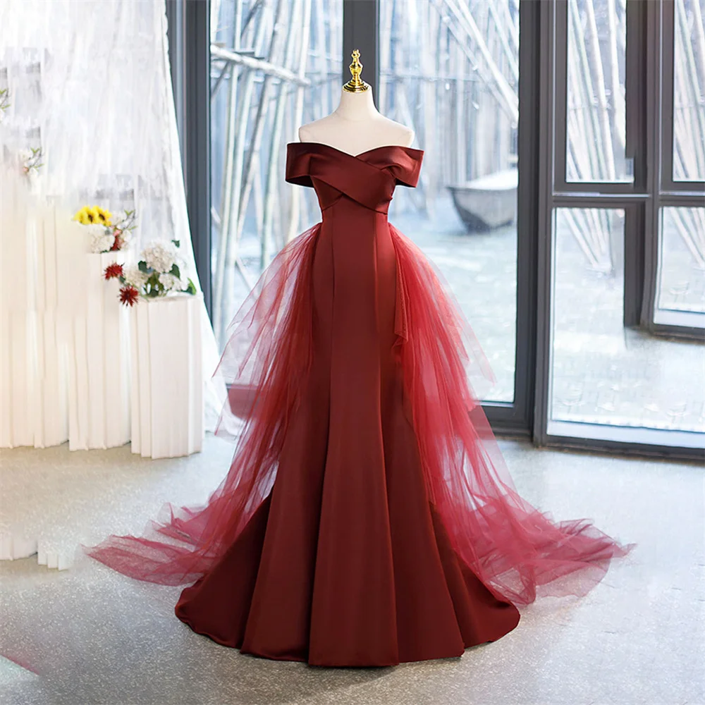 Lily Burgundy Off Shoulder Prom Dress Mermaid Party Dress with Bow Celebrity Gowns Satin Wedding Party Dress вечерние платья