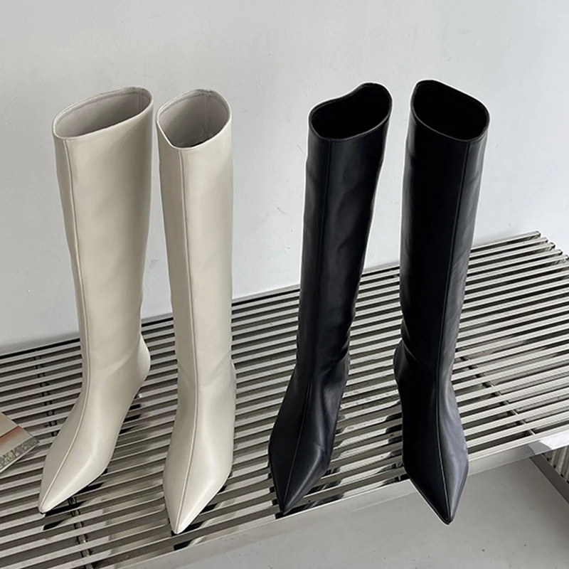 Women Knee Boots Slip On Low Heels For Banquet Dress