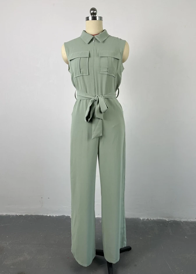Women's Casual Lapel Pocket Design High Waist Loose Wide Leg Jumpsuit Female Fashion Sleeveless Lace Up Sweet Long Jumpsuits