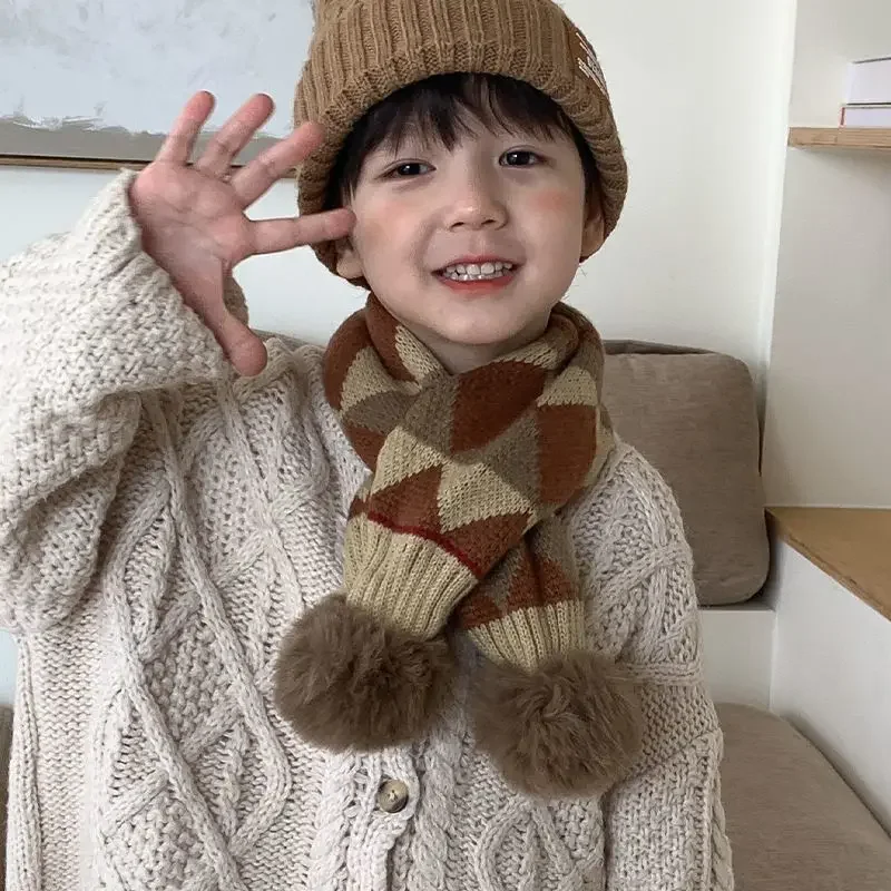 Children's Scarf Checkered Scarf for Autumn and Winter Korean Style Boys' Windproof and Warm Cross