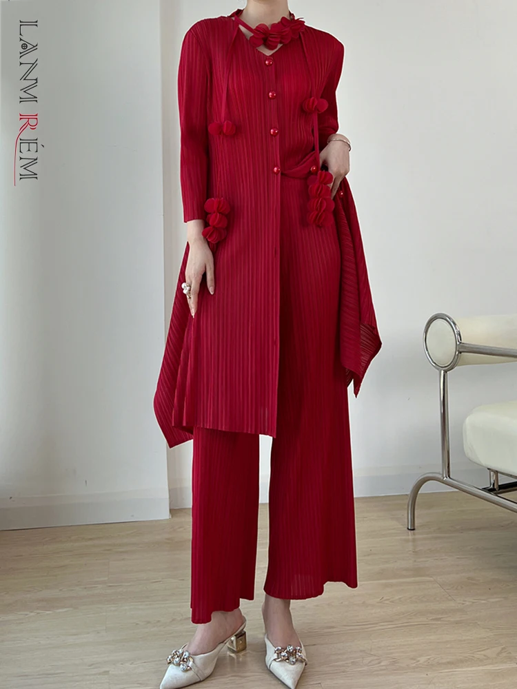 

LANMREM Trendy Pleated 2 Pieces Set Women Floral Spliced V Neck Single Breasted Tops Wide Leg Pants Autumn New 2AA1897
