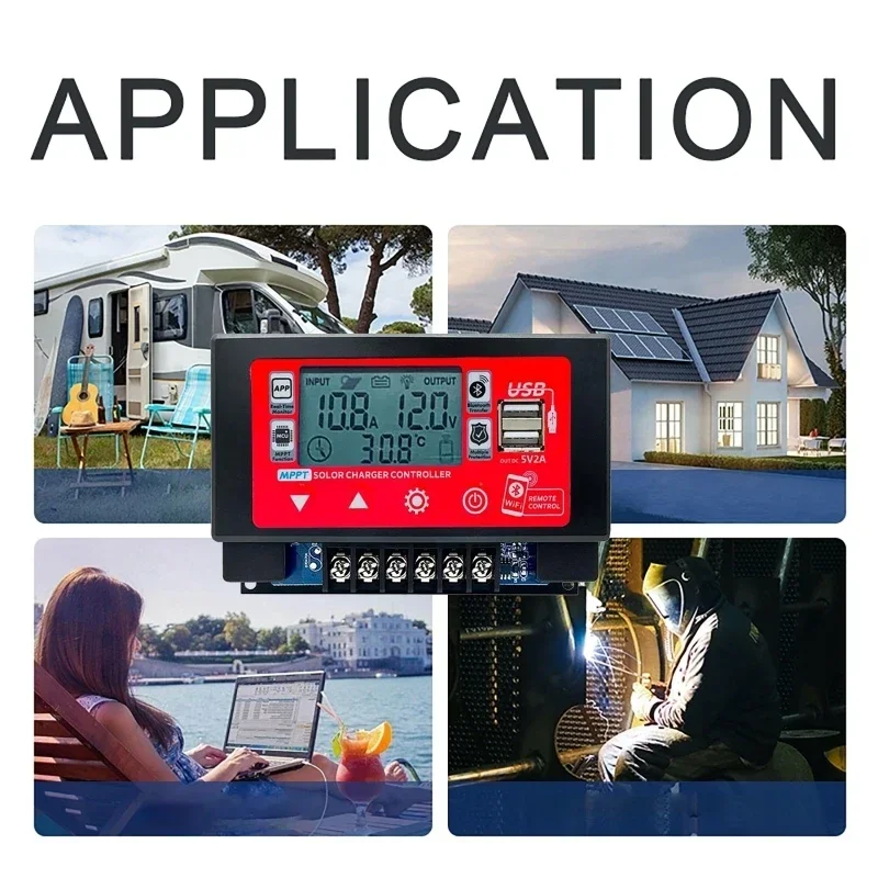 MPPT Solar Panel Controller 30A/60A Bluetooth Wifi 2pc USB Embedded Snap-on Energy Storage Battery Regulator 12V 60V LCD Display