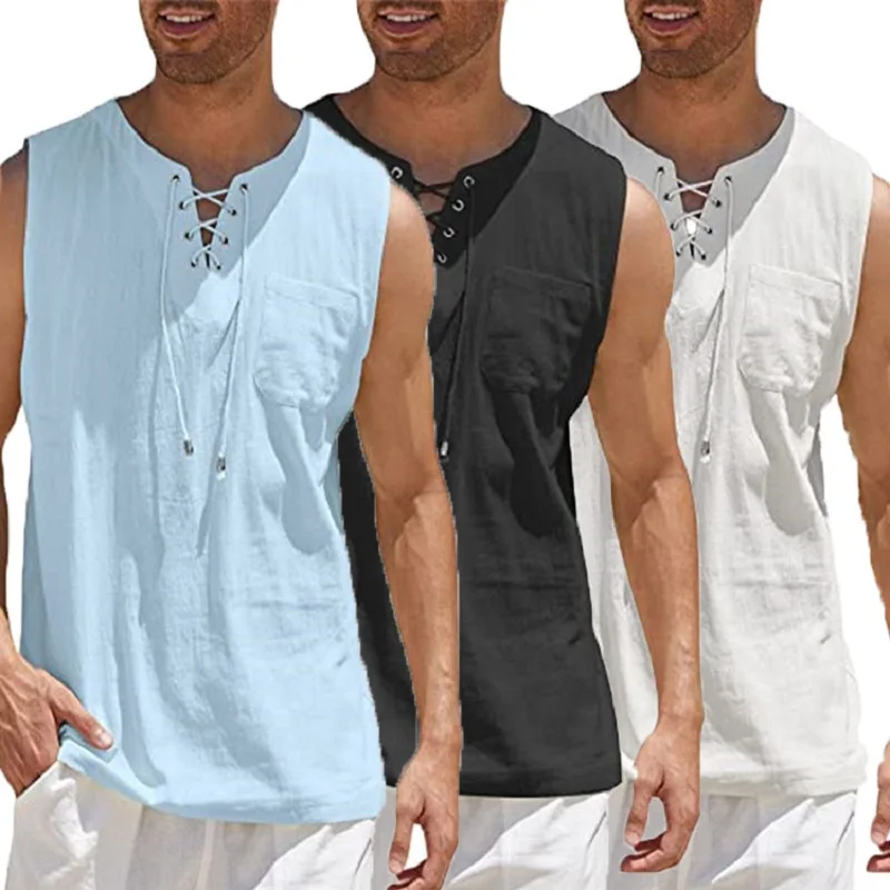 

Summer Casual Sleevess Tank Top Men V-Neck Lace Up Loose Top Streetwear Male Solid Color Fitness Workout Shirt Vest Blouse