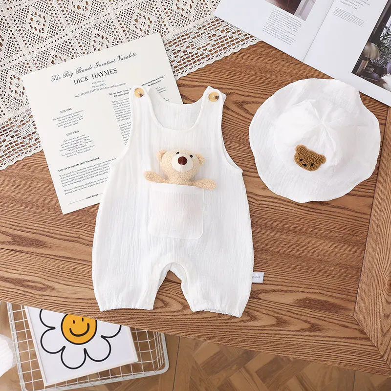 2024 여름 화이트 통기성 리넨 점프수트, 용 귀여운 곰 전체 롬퍼, 유니섹스 자외선 차단 가디건