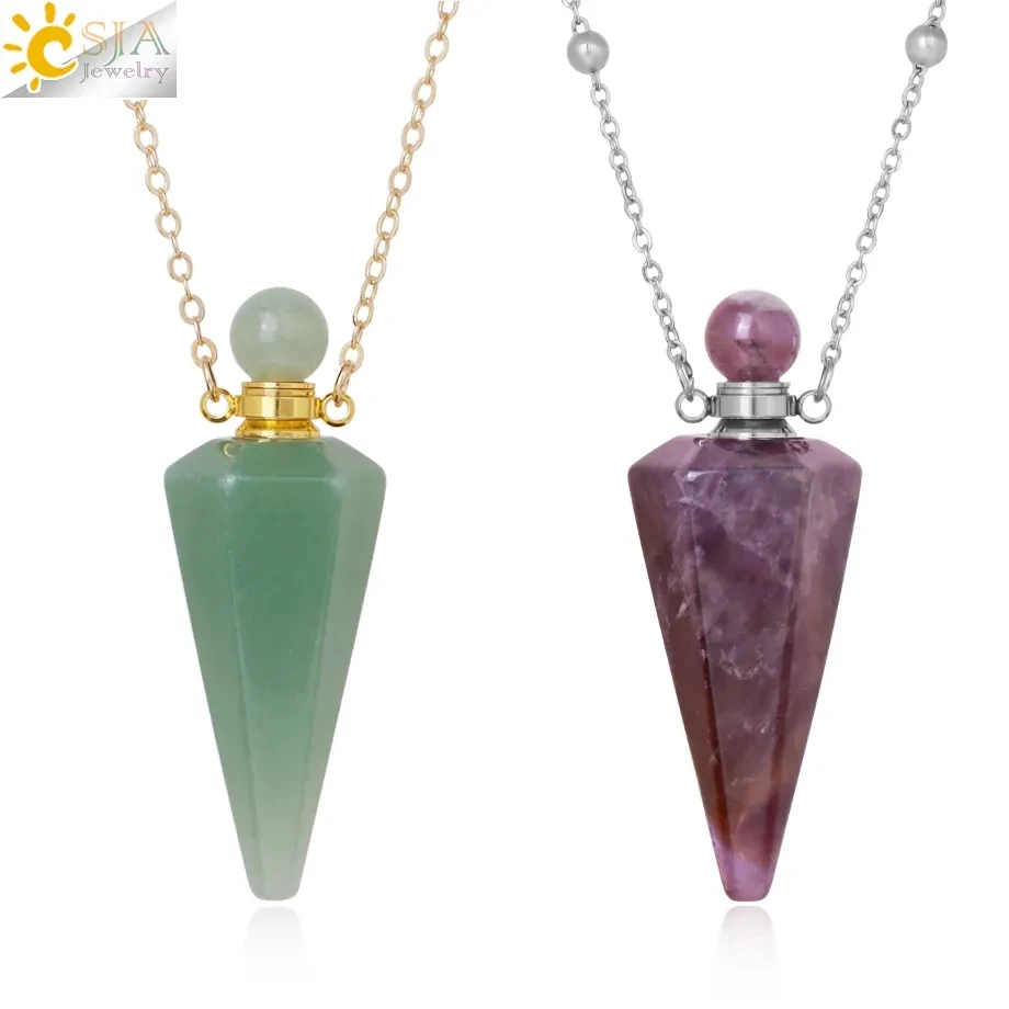 Natural Stone Cone Perfume Bottle Necklace with Healing Clear Quartz Crystal Pendant and Essential Oil Diffuser