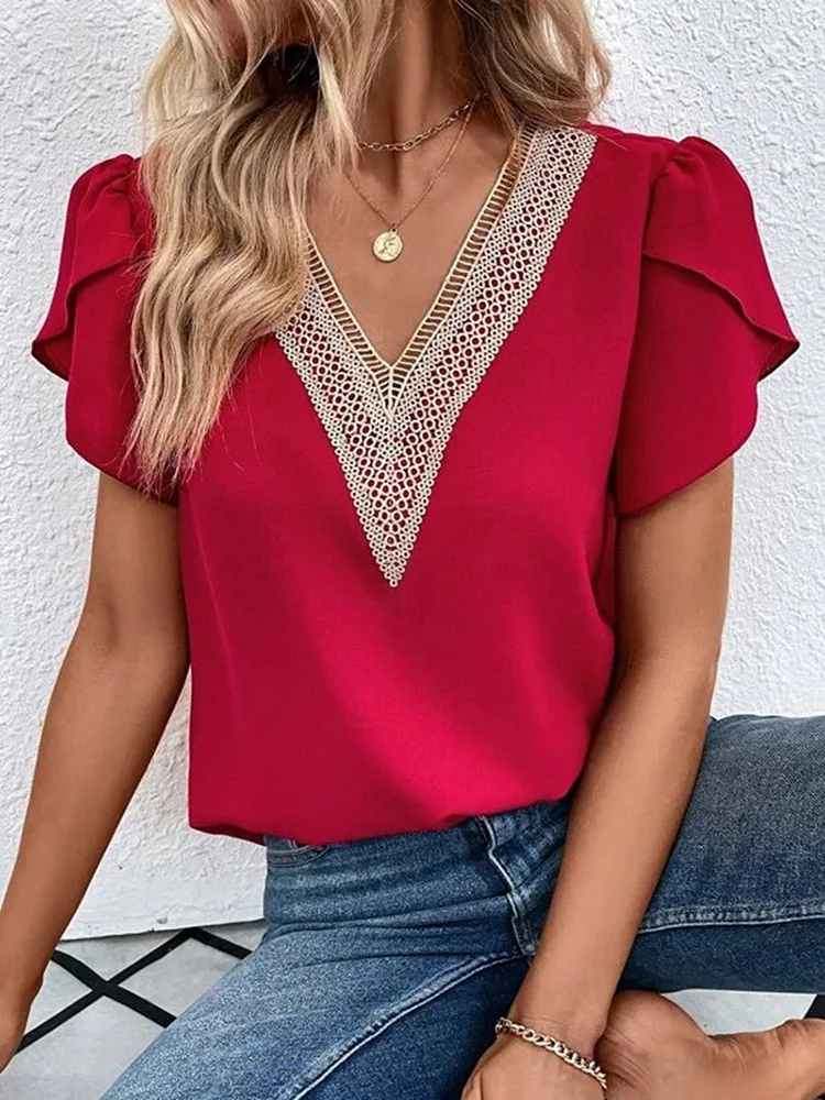 Elegant Women Blouse 2023 Summer Solid Short Sleeve Red Shirt Hollow Lace Panel Female Office Social Chiffon Blouses And Shirts