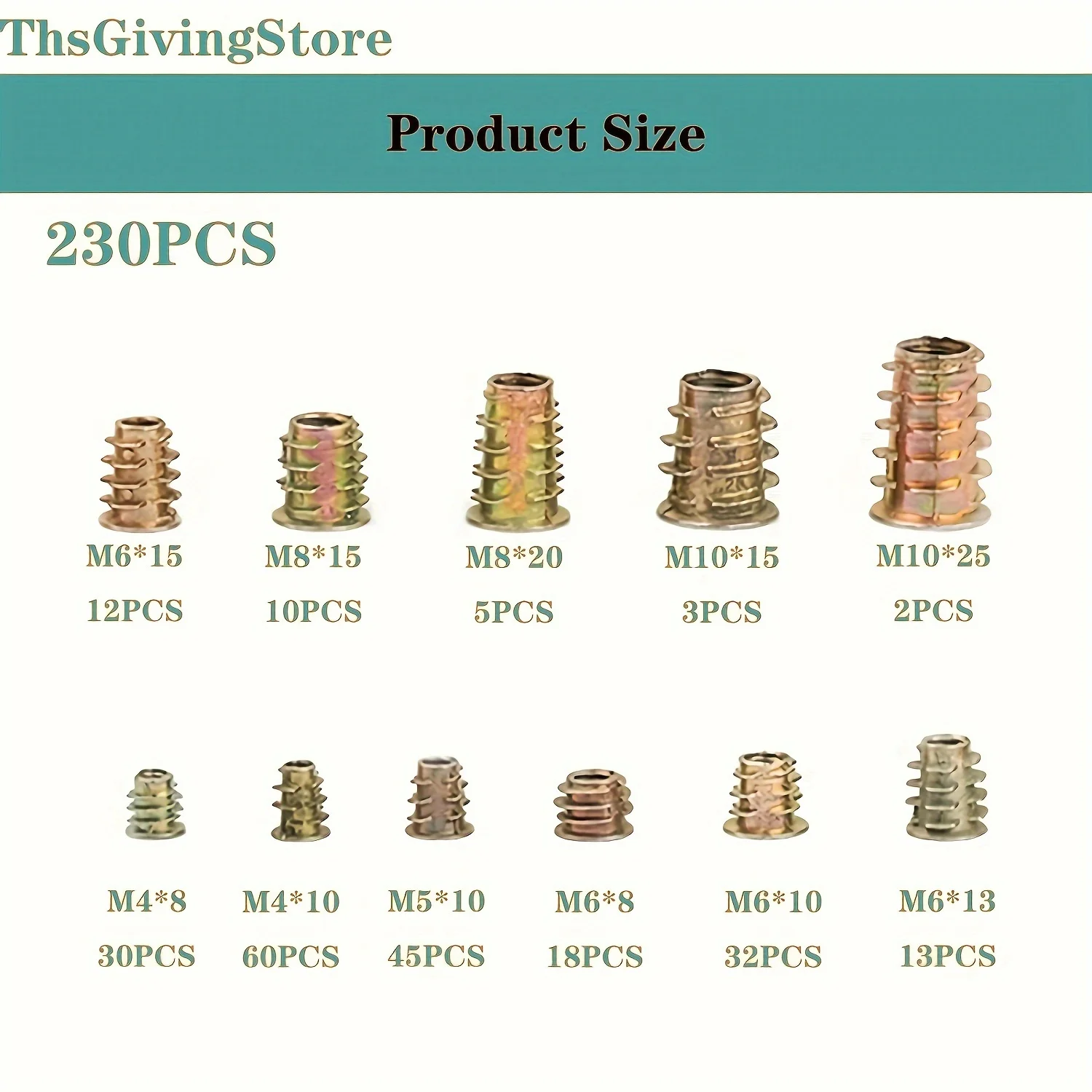230 Pieces 11 Size M4/M5/M6/M8/M10 Threaded Inserts for Wood,Metric Hardware Nuts Inserts Assortment Tool Kit for Wood Furniture