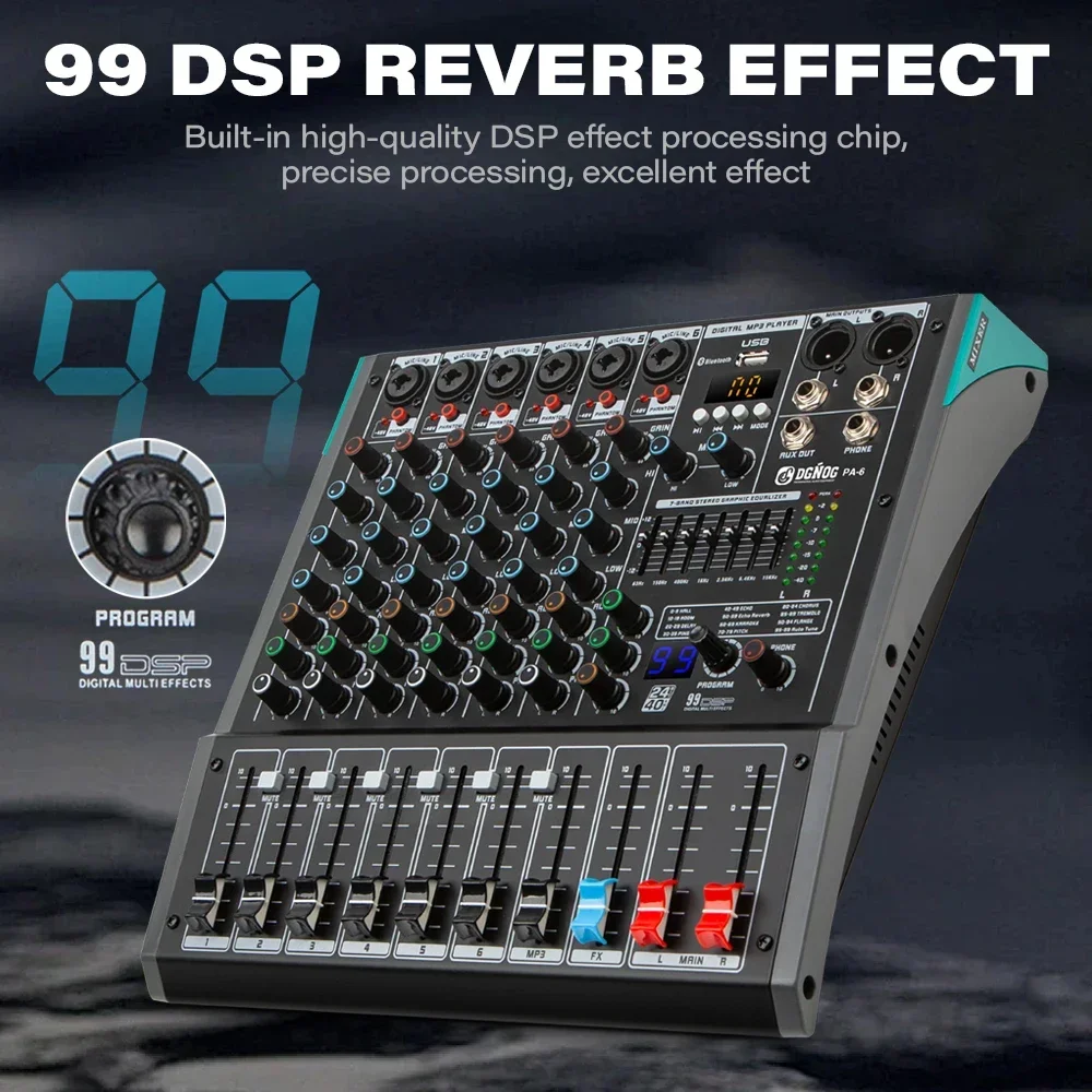 Professional 6/8/12 Channel Audio Mixer DGNOG PA Series Portable Sound Mixing Console with 48V Phantom Power for DJ Stage Studio