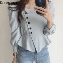 

Koamissa Women Ruffles Puff Long Sleeve Bloues Elegant Square Collar Office Lady Shirts Casual Side Buttons Slim Crop Tops Blusa