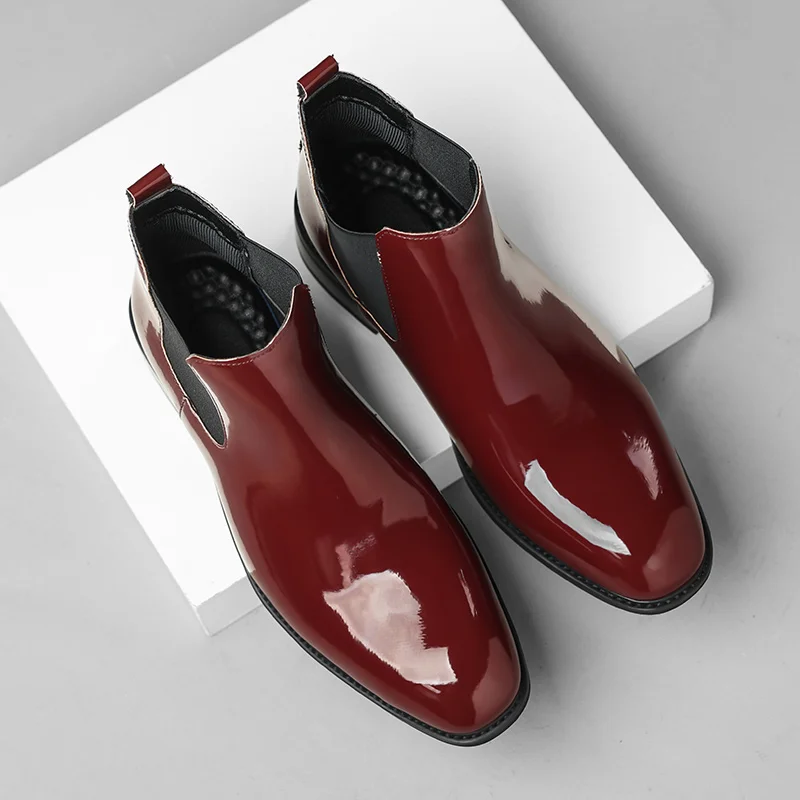 Chelsea Boots for Men Patent Leather Black Buckle Ankle Round Toe Business Classic Handmade Men Short Boots Botas De Hombre