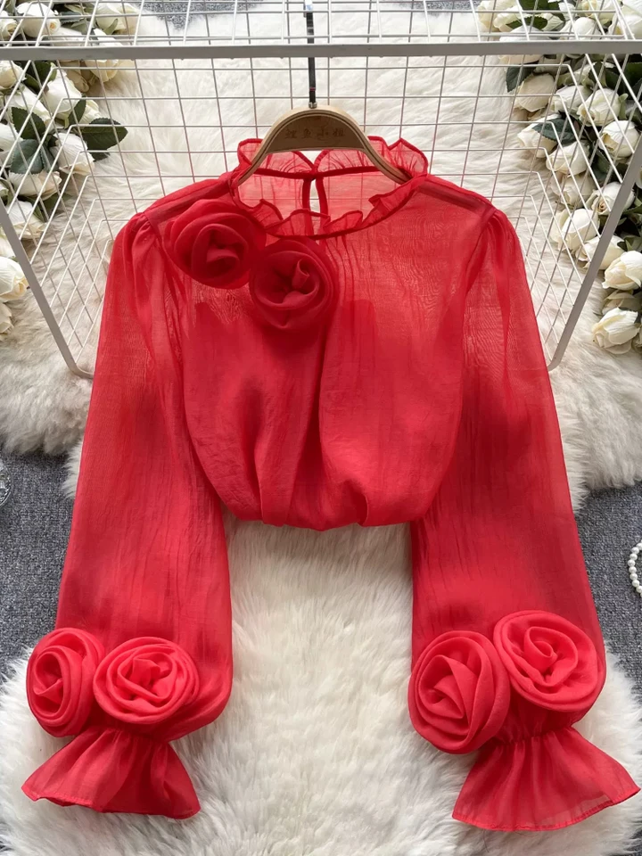 3D Flower Chiffon Blouse Ruffles Collar Long Sleeves Sheer With
