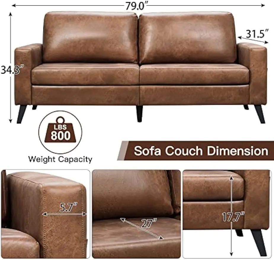 Description Picture 3 of itemSofa Couch for Living Room,Small Couches,Faux Leather Loveseat,Mid Century Modern Sofas,Brown Comfy Love Seat for Lounge, Office