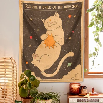 Tapisserie murale de chat de tarot de lune de soleil, sorcellerie de confrontation, vous êtes un enfant de l'univers, décor à la maison de Bohême, décor de chambre d'hélicoptère hippopotame 1