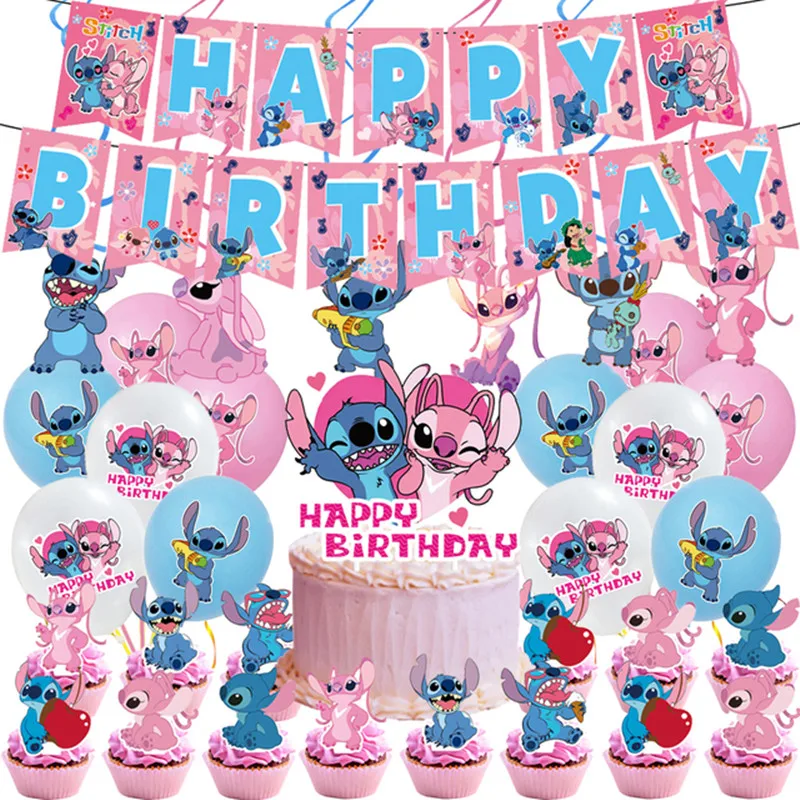 HTN - Pink Stitch A Tema Ragazze Per Bambini Decorazione Di Compleanno  Palloncini Banner Torta Topper Piastra Di Invito Set Da Festa Rifornimenti  Per Feste - ePrice