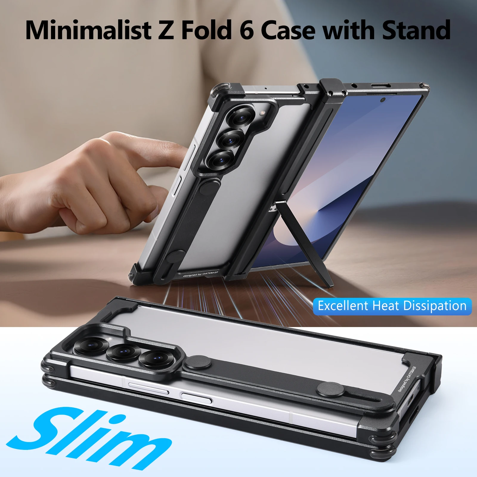 Eary for Samsung Galaxy Z Fold 6 Phone Case With Camera Protective Slim Shells with Hidden Stand & Grip Aluminum Frameless Cover