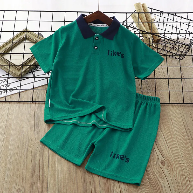 Summer Korean Children Boys 2PCS Clothes Set Waffle Letter Short Sleeve Polo T-shirts Loose Shorts Suit Teenager Boys Outfits