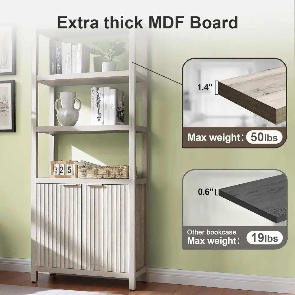 Oxford bookcase, high bookcase with door cabinet, 5-tier bookcase, large wooden bookcase with fluted panel, grey oak 5