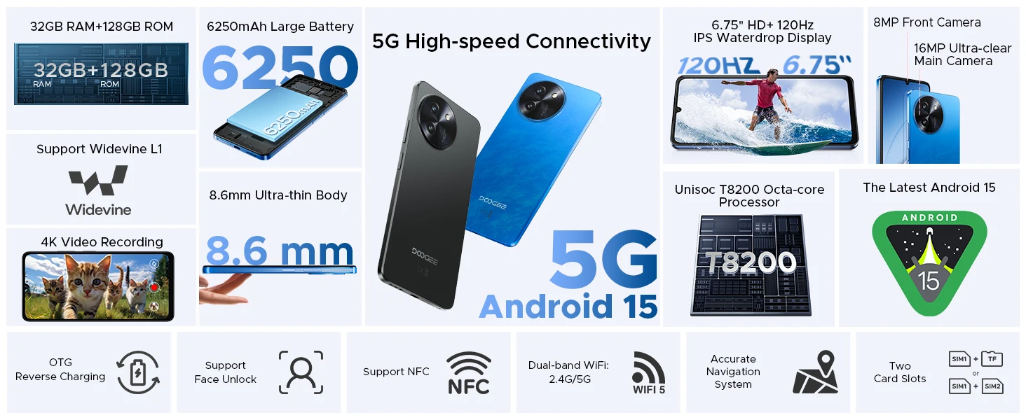DOOGEE Note 59 5G Smartphone "120Hz 32 Go RAM (8 + 24) 128 Go ROM large capacity battery 6250 mAh Android 15 NFC Phone