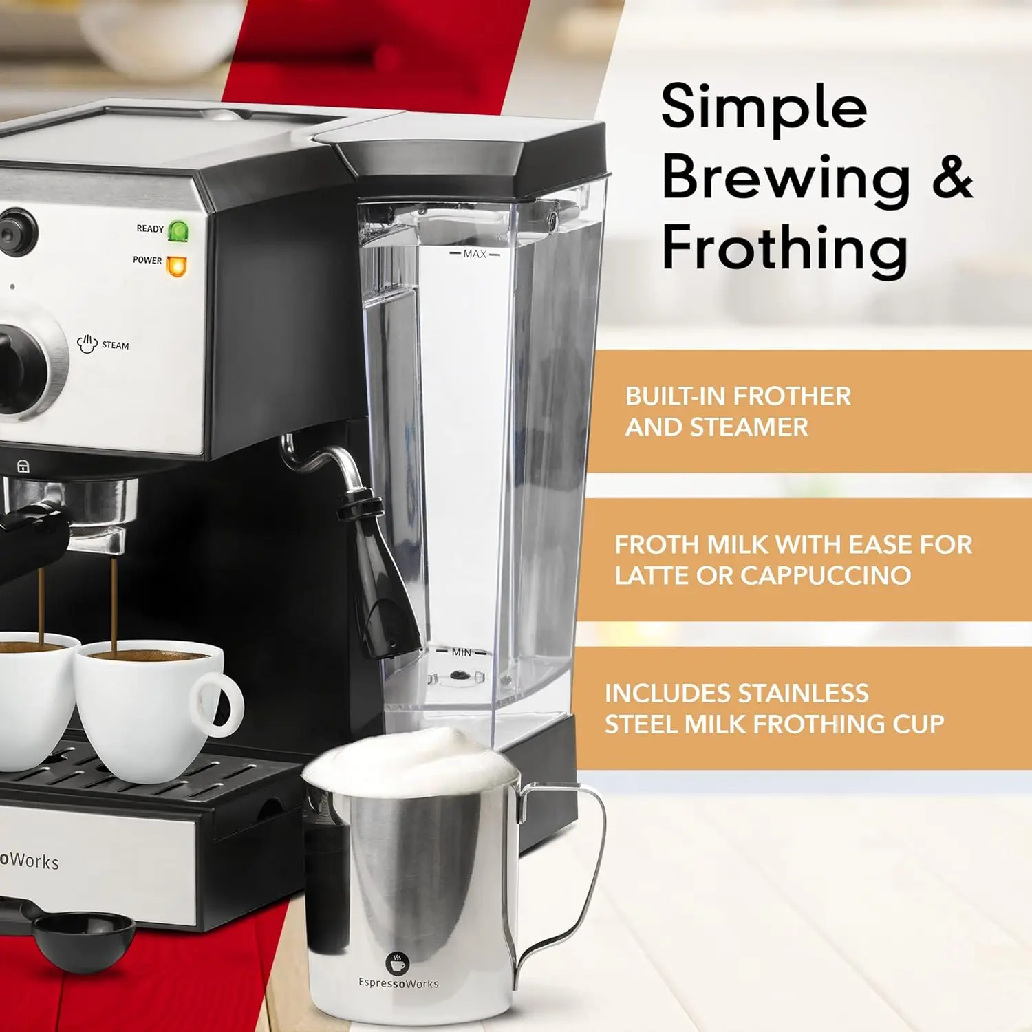 All-In-One Espresso Machine with Milk Frother 7-Piece Set - Maker Includes Grinder, Frothing Pitcher, Cups, Spoon and Tamper 6